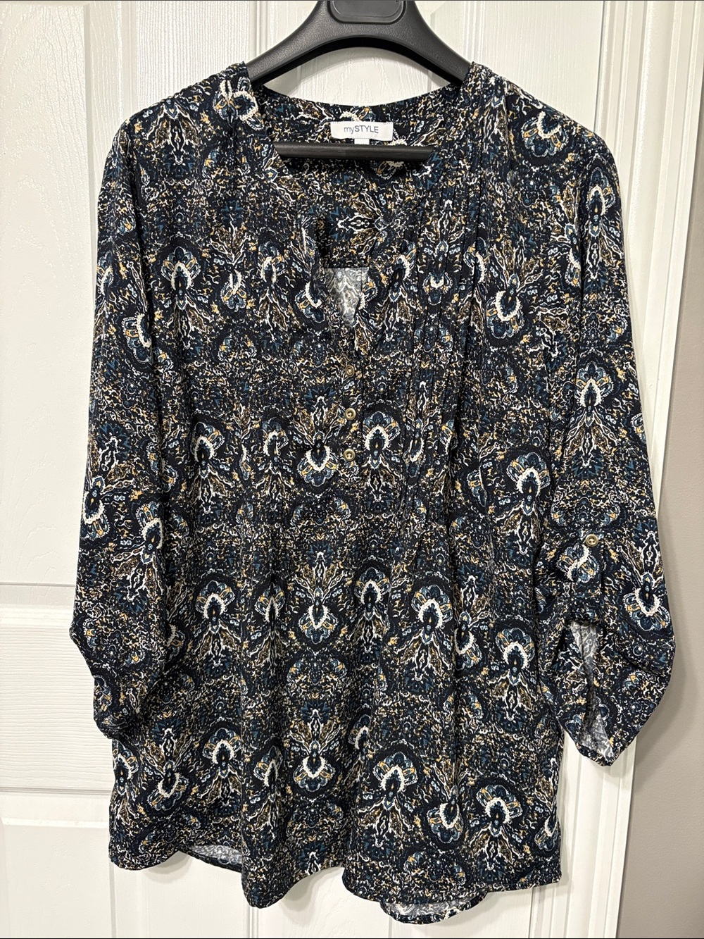 mySTYLE Navy Printed Long-Sleeve Blouse